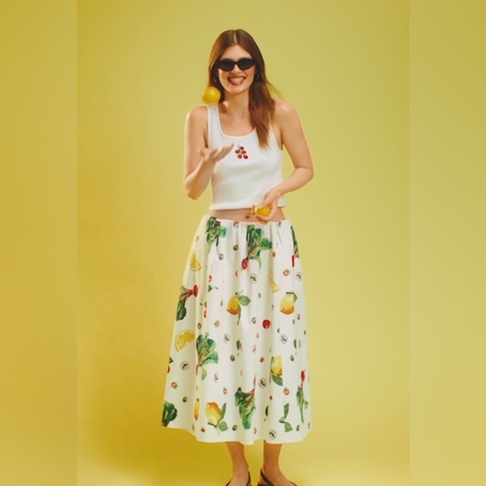 Anthropologie The Jacie Poplin Printed Lemon Fruit A Line Midi Skirt Sz M White